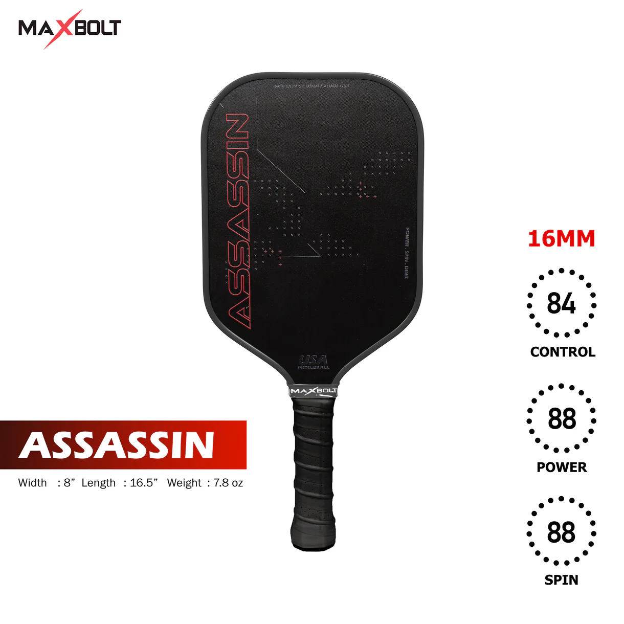 Pickleball Paddle Fiberglass - Maxbolt ASSASSIN (Free 2pcs Ball + Grip + Edge Guard + Slim Bag) PQ