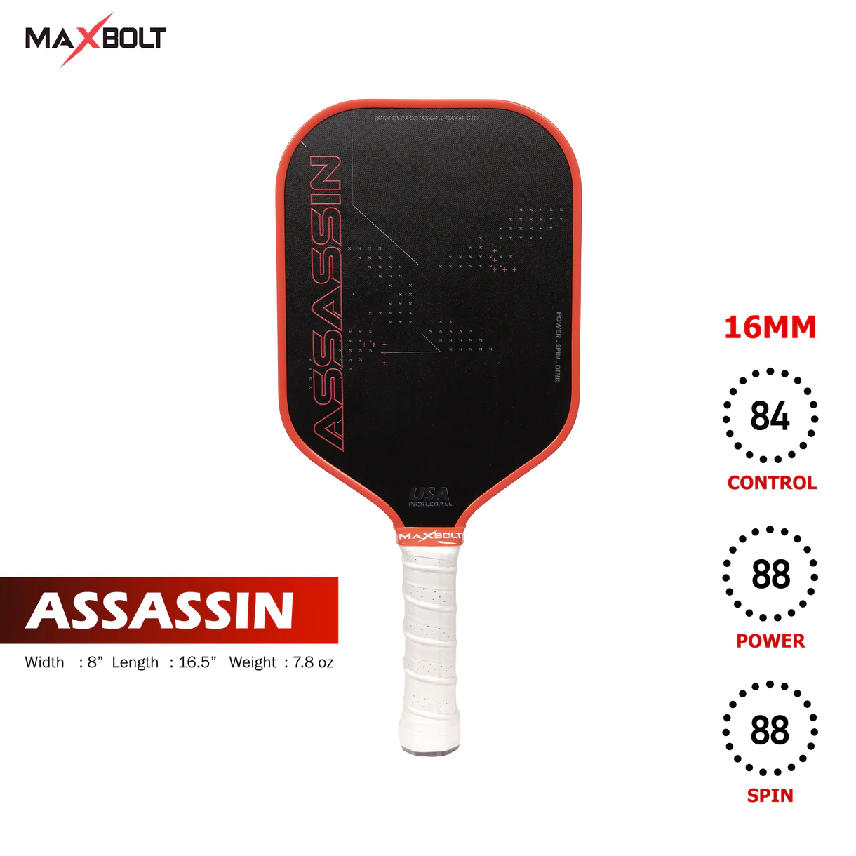Pickleball Paddle Fiberglass - Maxbolt ASSASSIN (Free 2pcs Ball + Grip + Edge Guard + Slim Bag) PQ