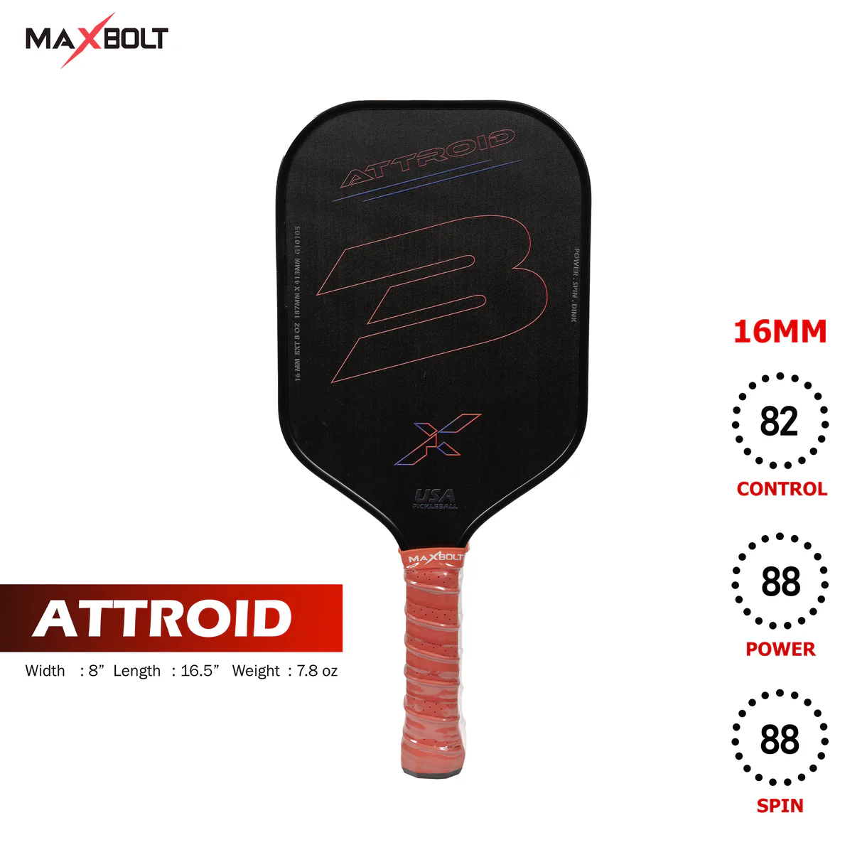 Pickleball Paddle Fiberglass - Maxbolt ATTROID (Free 2pcs Ball + Grip + Edge Guard + Slim Bag) PQ