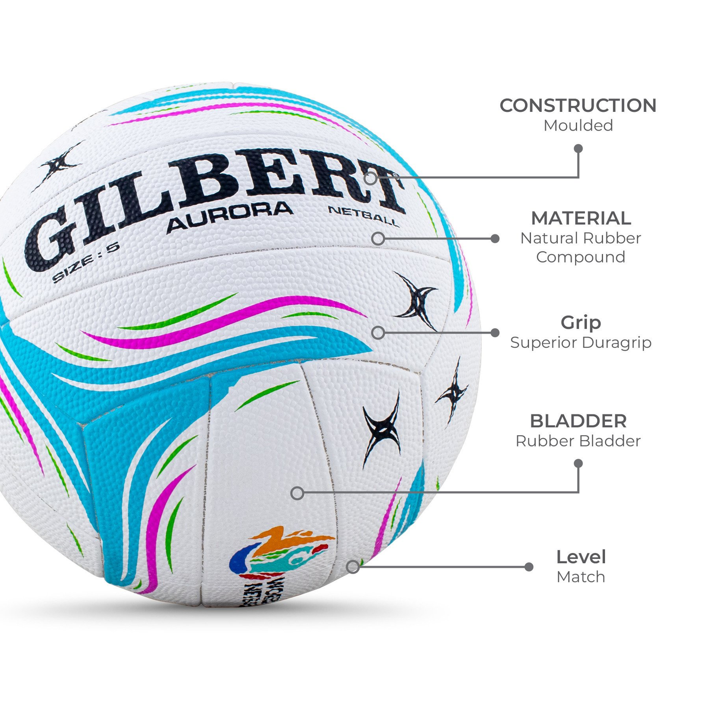 Netball Ball Size 5 - Gilbert Aurora Match KQ