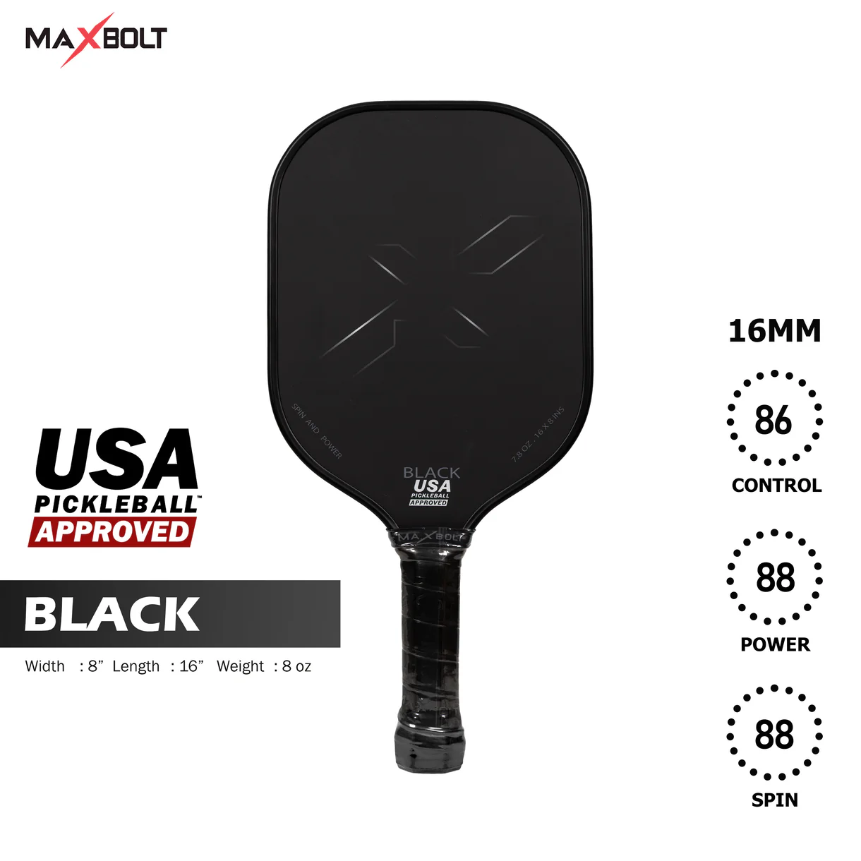 Pickleball Paddle (Carbon Fiber) - Maxbolt BLACK (USAPA) (Free 5pcs Ball) PQ