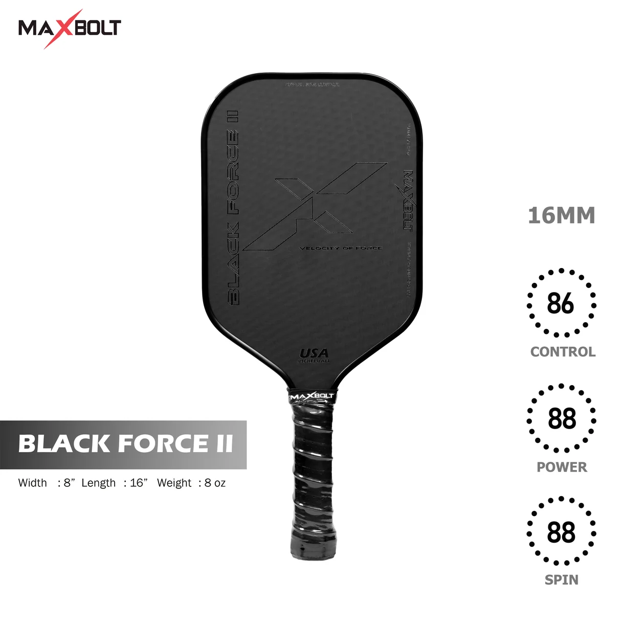 Pickleball Paddle (Carbon Fiber) - Maxbolt BLACK FORCE II (Free 5pcs Ball) PQ