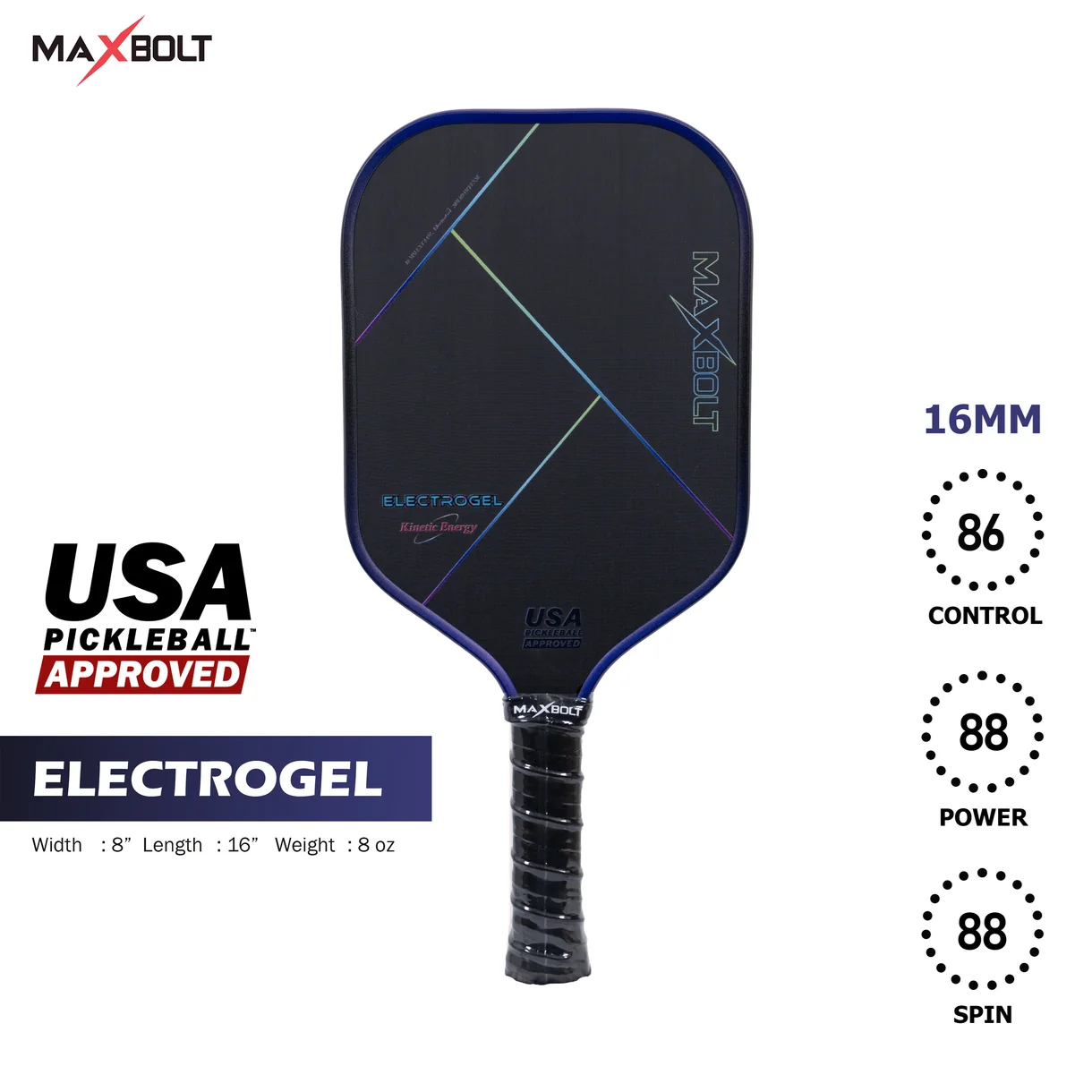 Pickleball Paddle (Carbon Fiber) - Maxbolt ELECTROGEL (USAPA) (Free 5pcs Ball) PQ