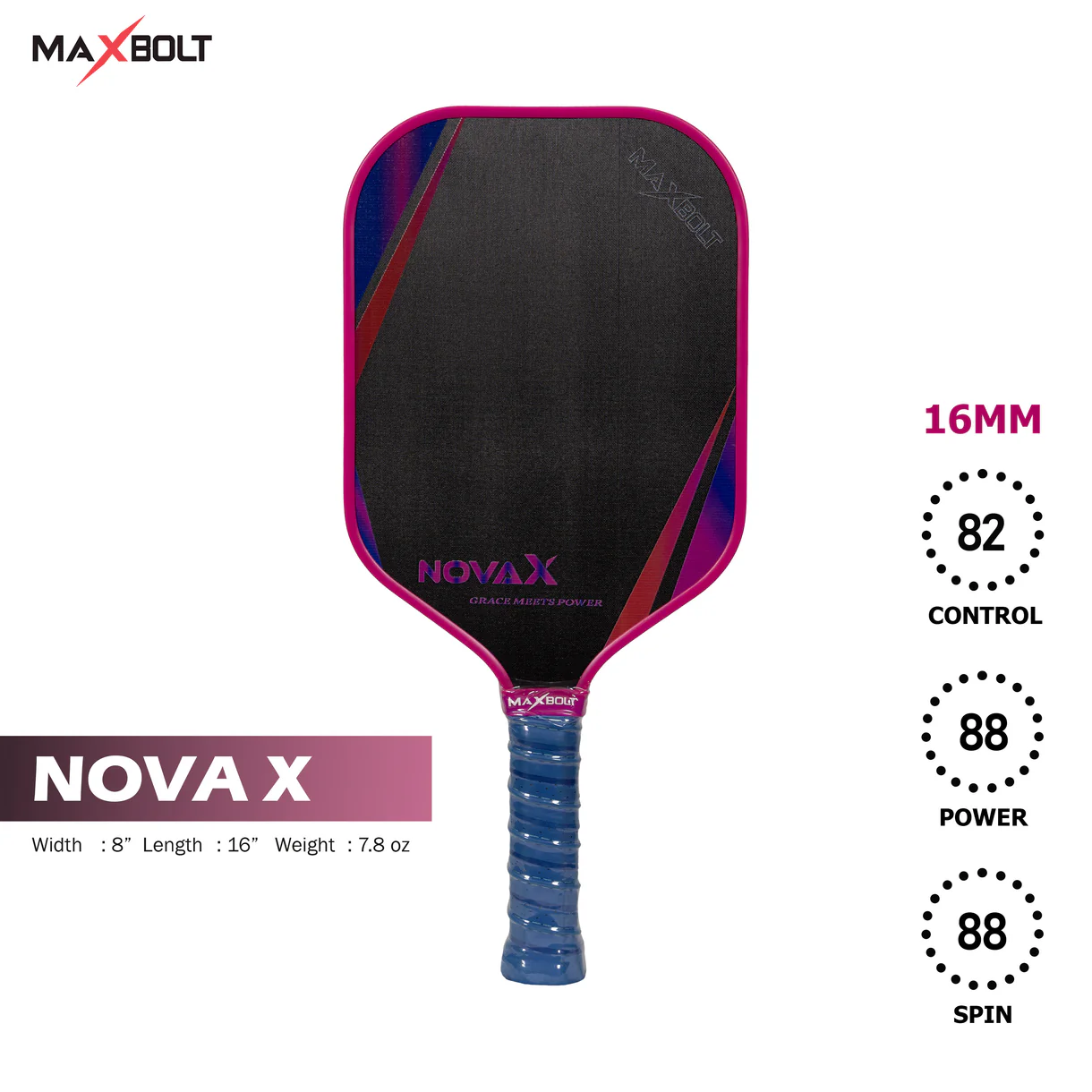 Pickleball Paddle Fiberglass - Maxbolt NOVA X (Free 2pcs Ball + Grip + Edge Guard + Slim Bag) PQ