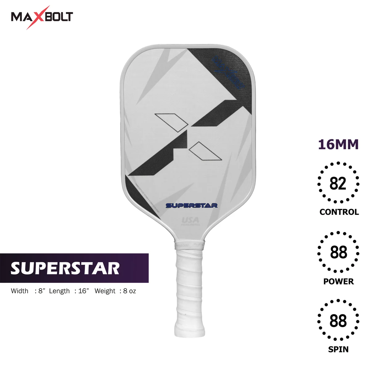 Pickleball Paddle Fiberglass - Maxbolt SUPERSTAR (Free 2pcs Ball + Grip + Edge Guard + Slim Bag) PQ