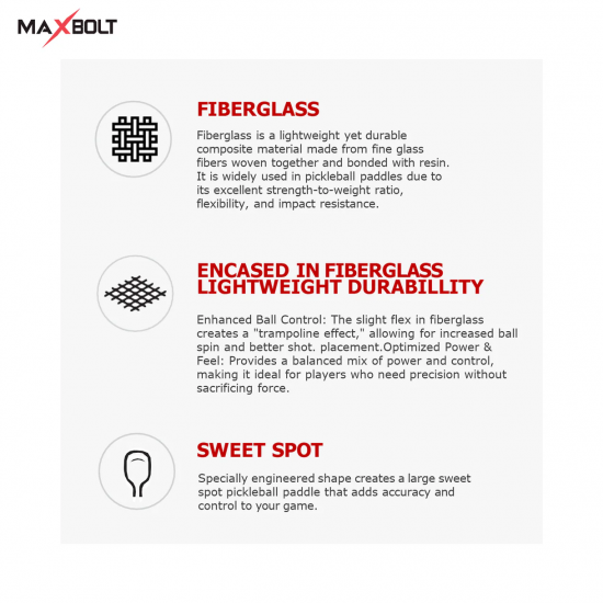 Pickleball Paddle Fiberglass - Maxbolt Blade Red (Free 2pcs Ball + Grip + Slim Bag) PQ Pickleball Paddle Fiberglass - Maxbolt Blade Red (Free 2pcs Ball + Grip + Slim Bag) PQ